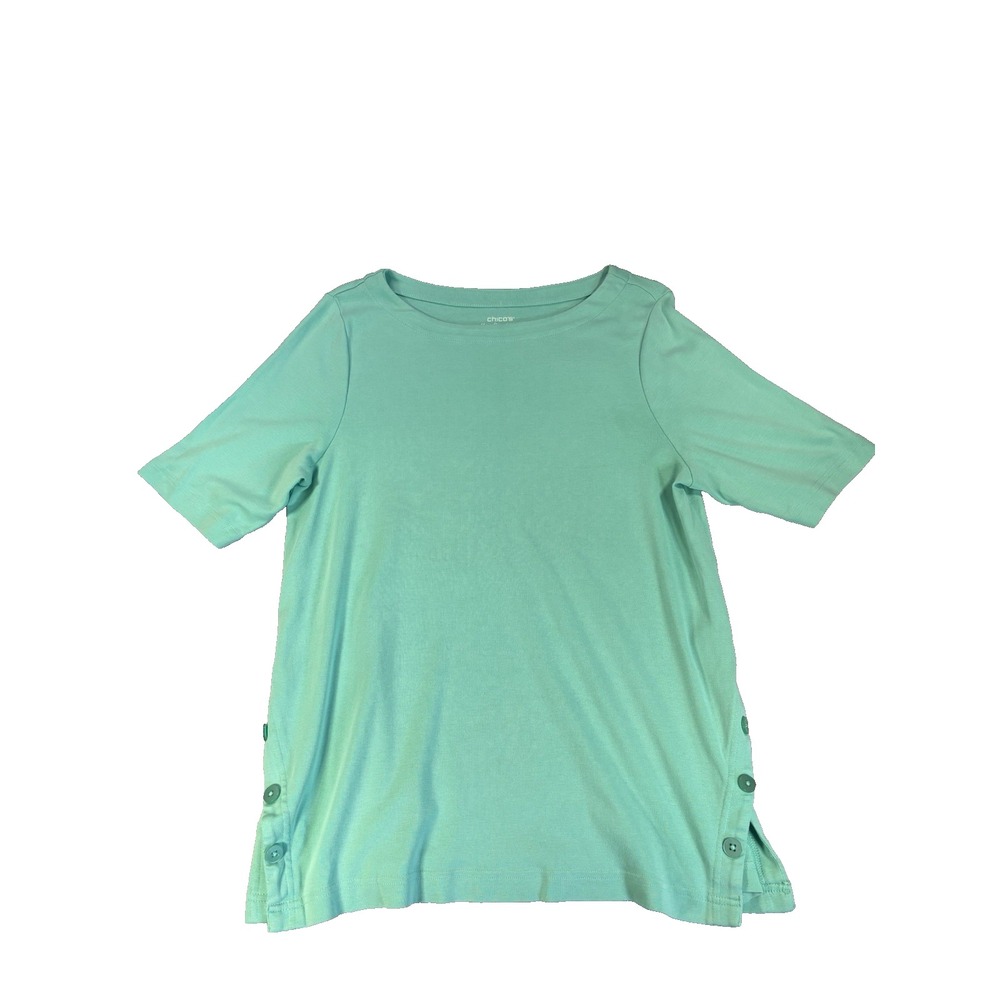 Chicos The Ultimate Tee 2/L Mint Green Pima Cotton Knit Shirt Button Hem Coastal